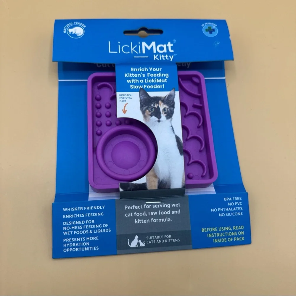 LickiMat Kitty Combination Slow Feeder with Micro Dish Purple - New